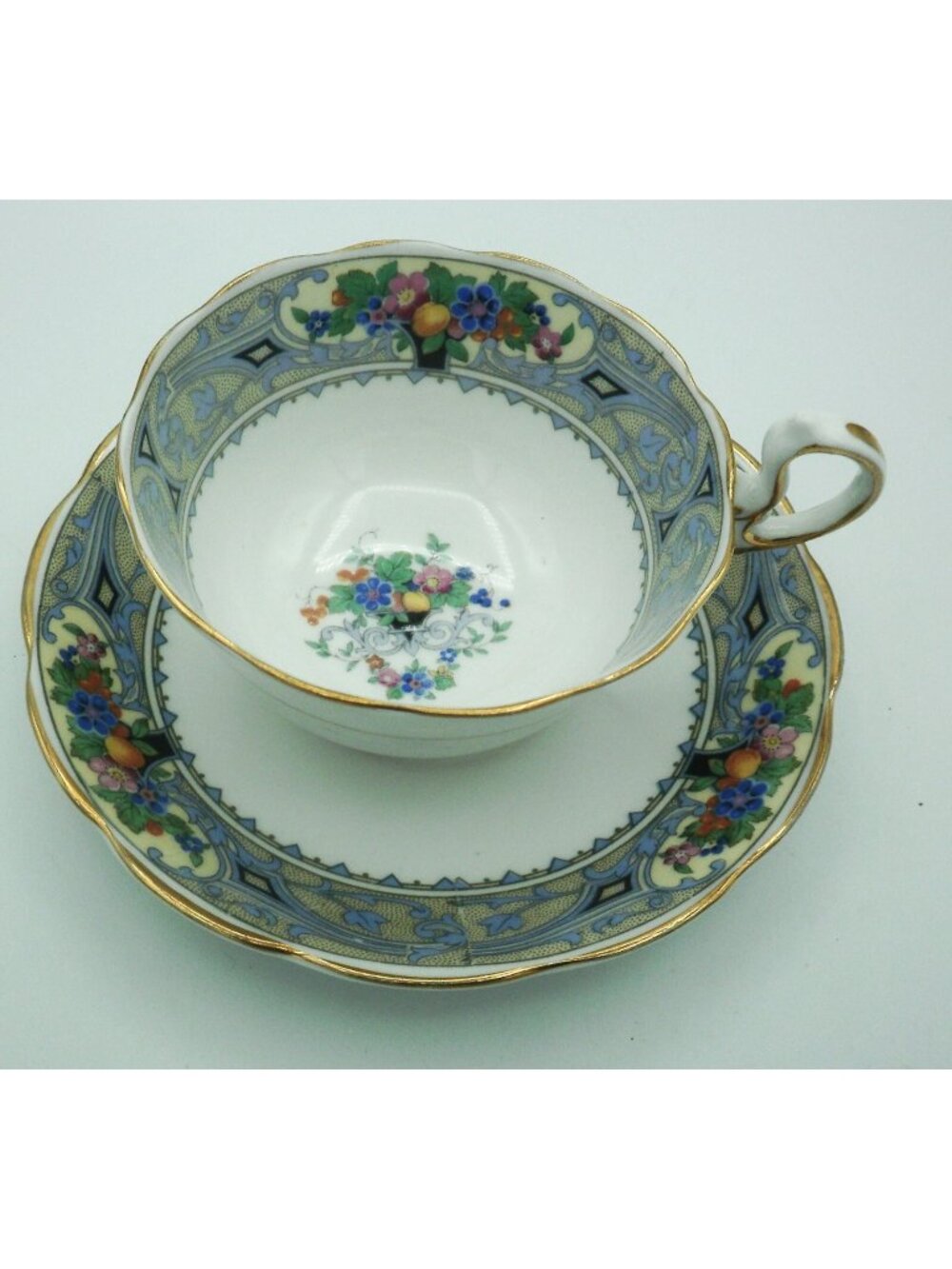 Royal Albert Teacup Saucer Set Art Deco Crown China Fruit Flowers Cameo Border